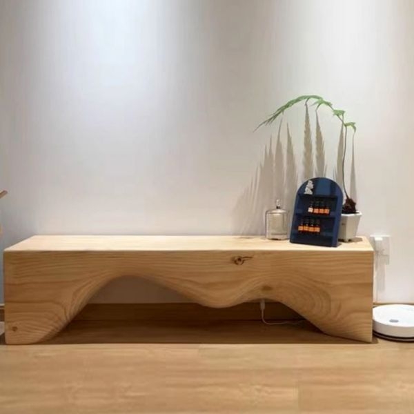 Accent Bench Thick Block Legs Honey Wood Tone Japandi Earthy