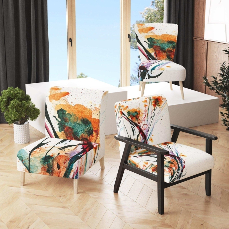 Accent Chair Abstract Orange Black Floral Traditional Rolled Arms