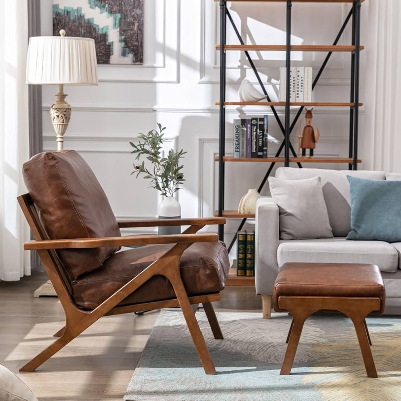 Accent Chair and Ottoman Set, Leather-Like. Brown Leather Chair Set.