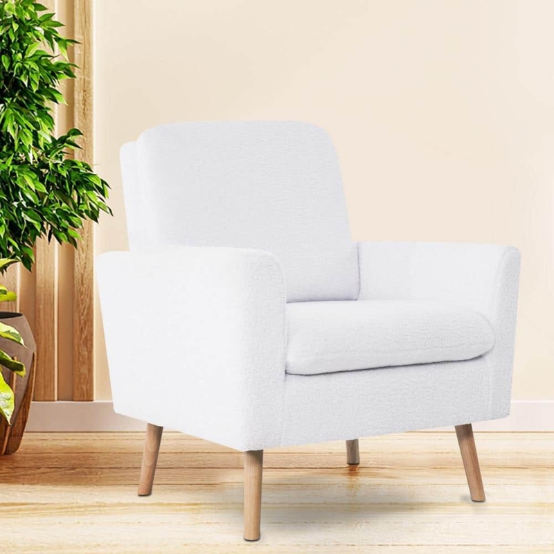 Accent Chair Angled Legs Wood Frame Teddy Fleece Mid Century Modern