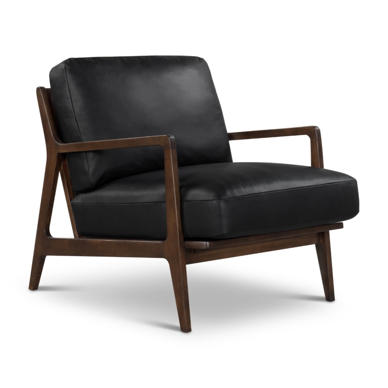 Accent Chair Angled Walnut Frame Black Leather-Like Low Profile
