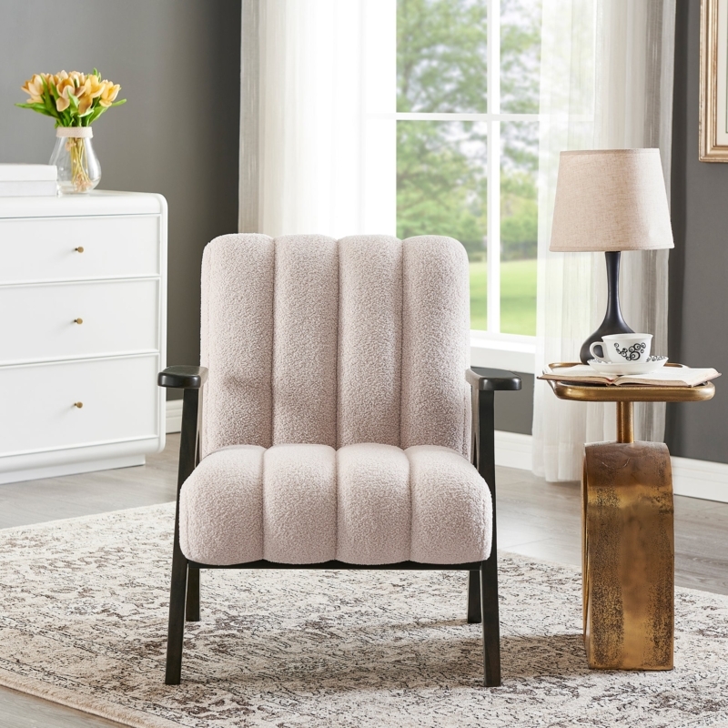 Accent Chair Angular Frame Cream Boucle Teddy Fabric Armchair