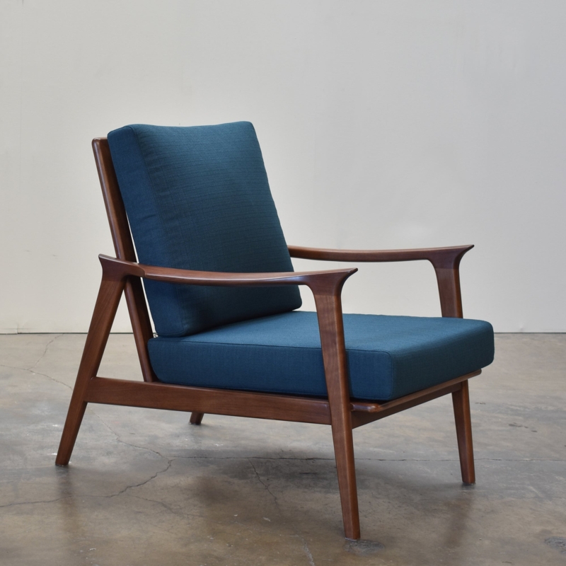 Accent Chair, Angular Wood Frame, Azure Blue. Mid-Century Modern Chair.