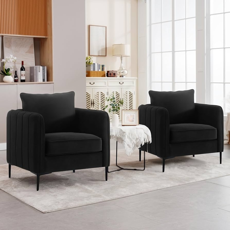 Accent Chair Angular Wood Frame Black Velvet Mid-Century Modern