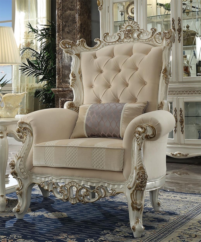 Accent Chair Antique Pearl Finish Ornate Carving with Pillow