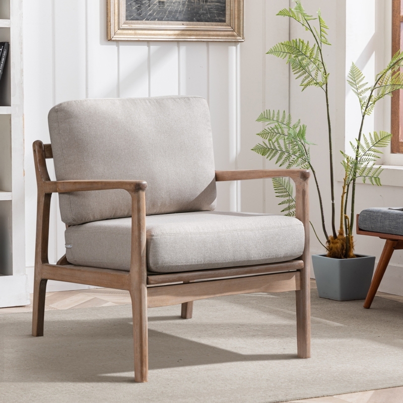 Accent Chair: Architectural Wood Frame, Tapered Legs, Gray Cushions.