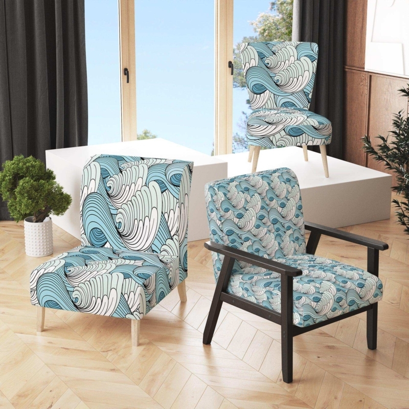 Accent Chair Armless Blue Great Wave Pattern Coastal Modern Style