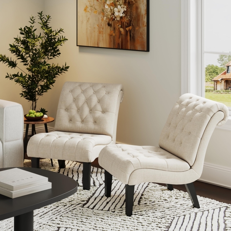 Accent Chair: Armless Silhouette with Button Tufted Back in Ivory Fabric