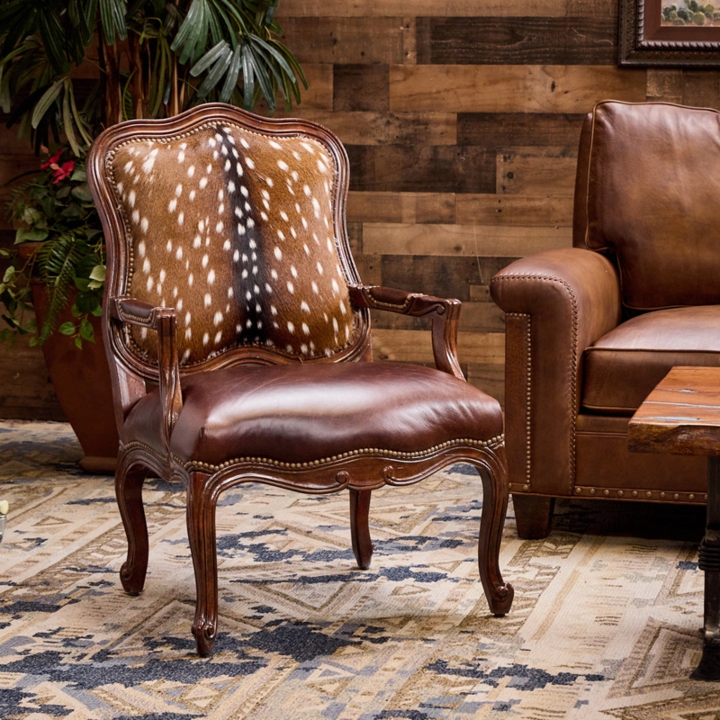 Accent Chair Axis Deer Pattern Back Carved Wood Rustic Lodge Style