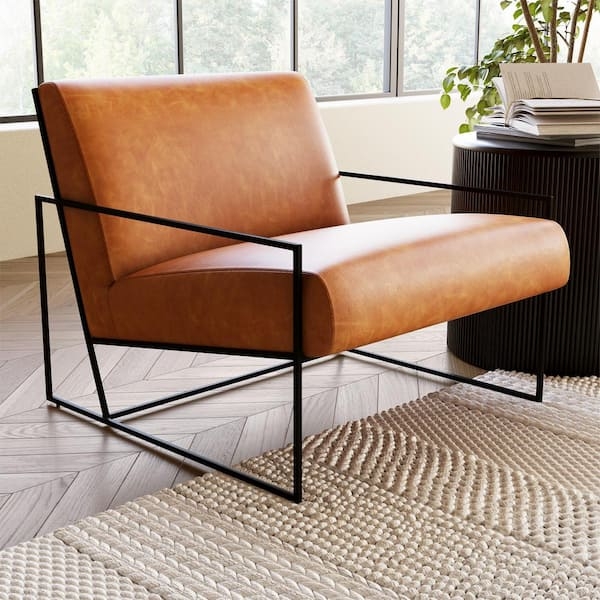 Accent Chair Barrel Back Cognac Upholstery Mid Century Modern Seating