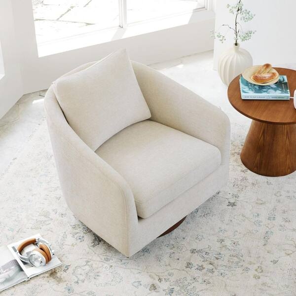 Accent Chair Barrel Back Swivel Base Woven Texture Linen Like