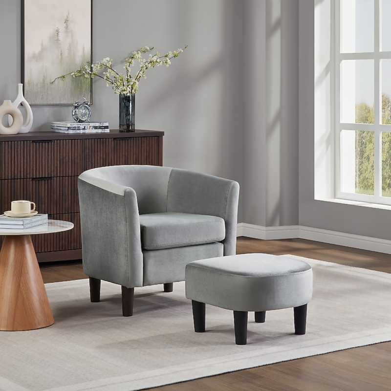 Accent Chair Barrel Silhouette Gray Velvet Gold Legs & Ottoman