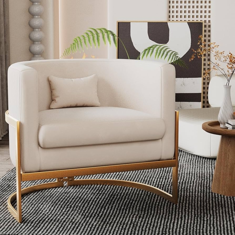 Accent Chair Barrel Silhouette Polished Gold Metal Smooth Velvet Chic