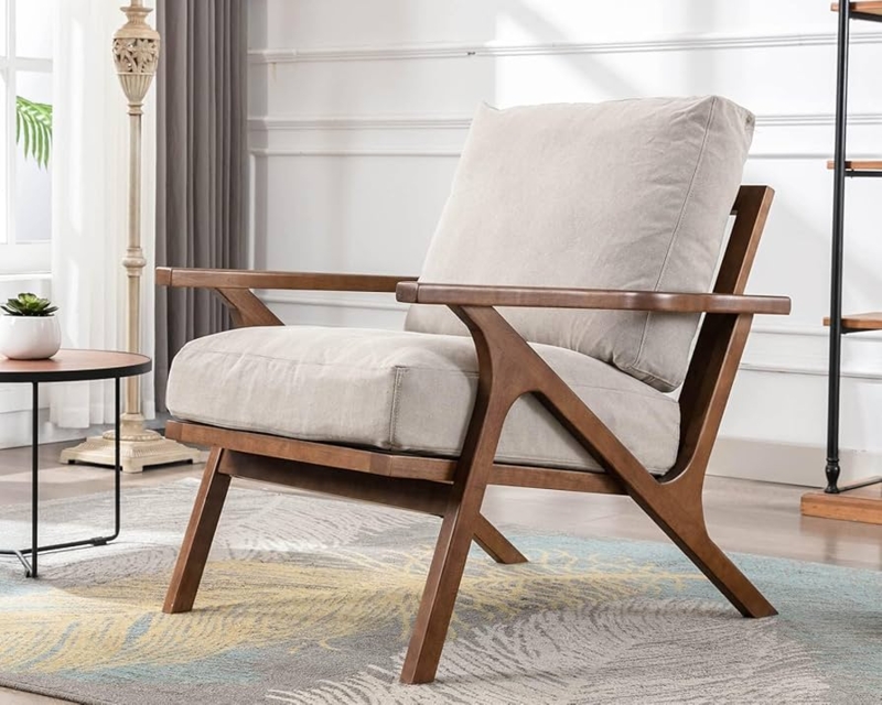 Accent Chair Beige Angled Back Exposed Wood Frame MCM Slipper Chair