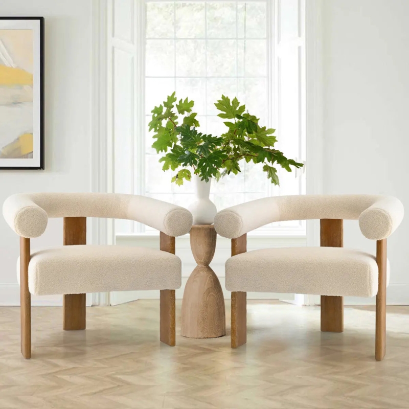 Accent Chair Beige Boucle Fabric Barrel Back Gold Tapered Legs