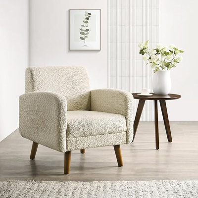 Accent Chair Beige Boucle Mid-Century with Curved Wood Frame
