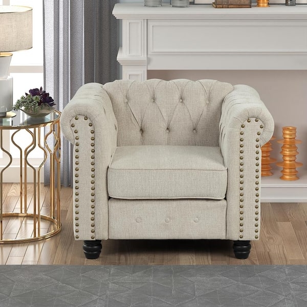 Accent Chair Beige Chesterfield Linen-Like Front Casters