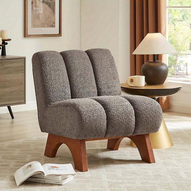 Accent Chair Beige Sherpa Rounded Japandi Style Wooden Legs