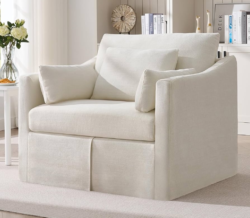 Accent Chair Beige Slipcovered Sloped Arms Deep Seat