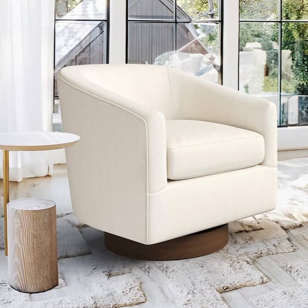 Accent Chair Beige Swivel Barrel with Round Wood Base Modern