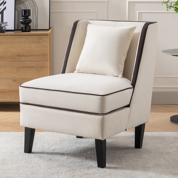 Accent Chair Beige Velvet-Like Contrast Piping Tub Silhouette Contemporary