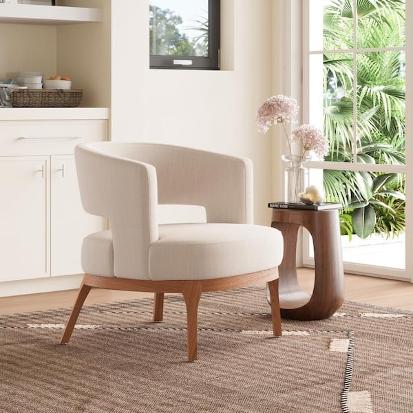 Accent Chair Beige Woven Tub Silhouette Slim Black Legs Neutral Tone