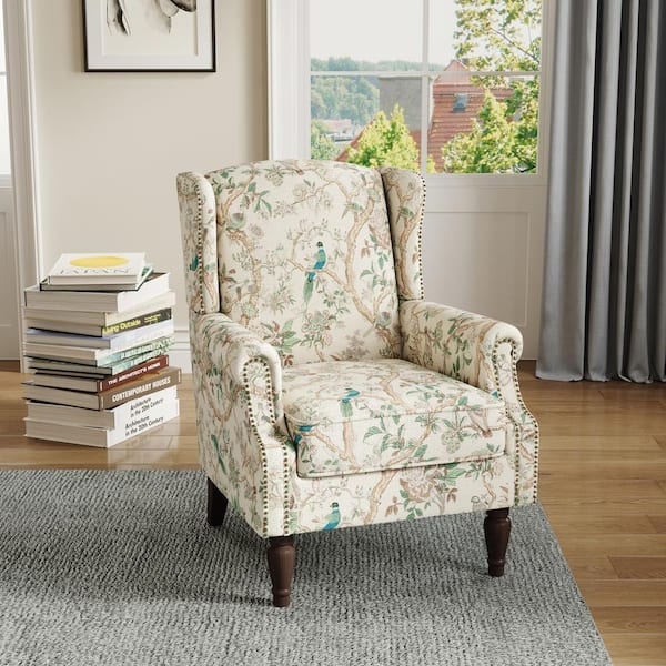 Accent Chair Bird Pattern High Back Vintage Inspired Nailhead