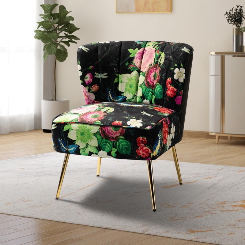 Accent Chair Black Floral Wingback with Gold Tapered Legs