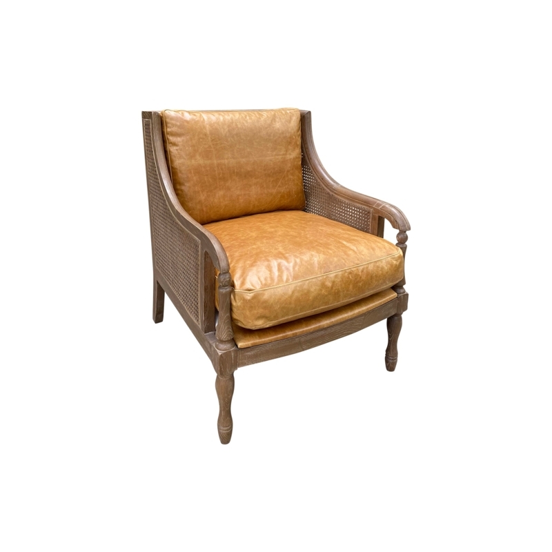 Accent Chair Black Frame Woven Cane Sides Cognac Cushion