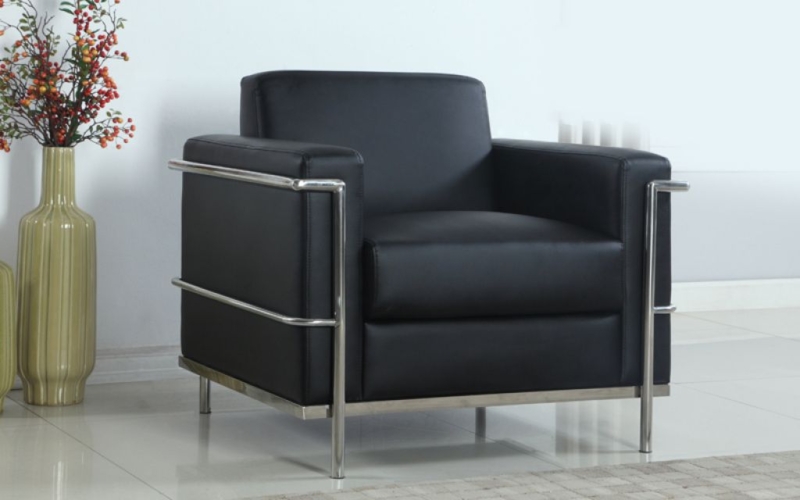 Accent Chair Black Leather-Like Flat Bar Chrome Sled Base