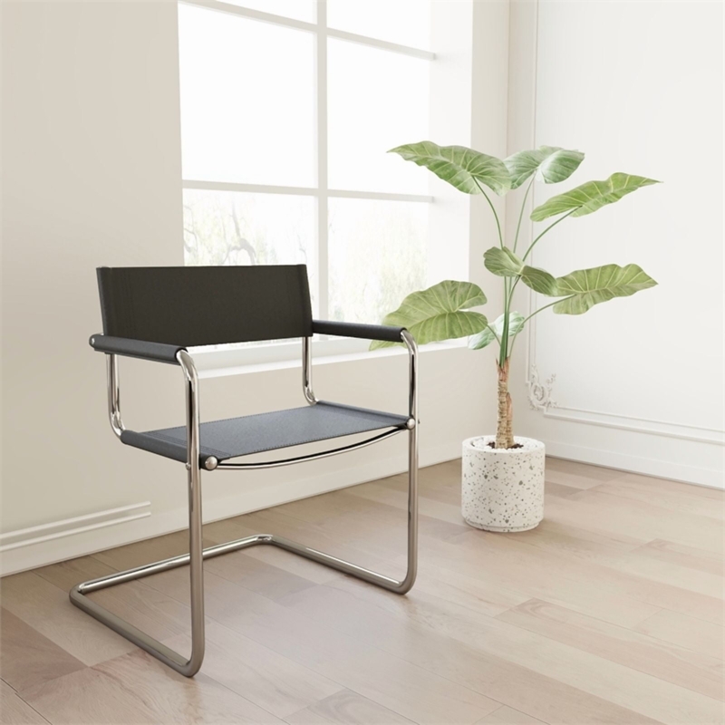 Accent Chair Black Leather-Like Polished Tubular Frame Armrest Pads