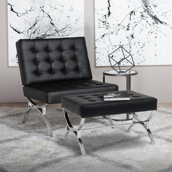 Accent Chair Black Leather-Like Quilted Cantilever Polished Metal