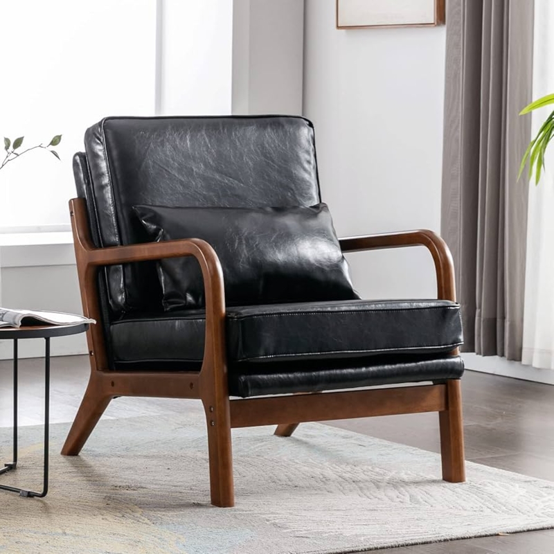 Accent Chair, Black Leather-Like, Slanted Silhouette. Lounge Accent Chair.