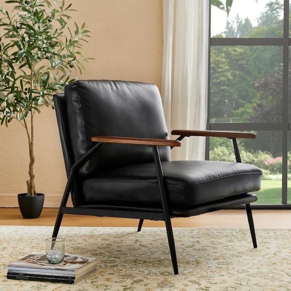 Accent Chair Black Leather Like Sloping Arms Tapered Legs