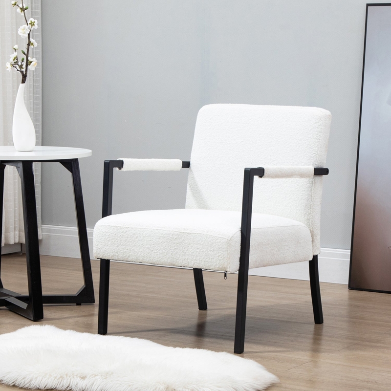 Accent Chair Black Steel Frame White Boucle Scandinavian Style Minimalist