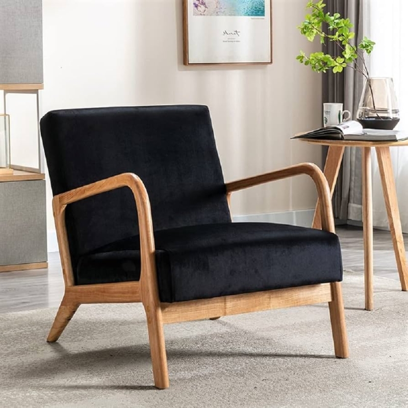 Accent Chair: Black Velvet Mid-Century with Open Wood Arms