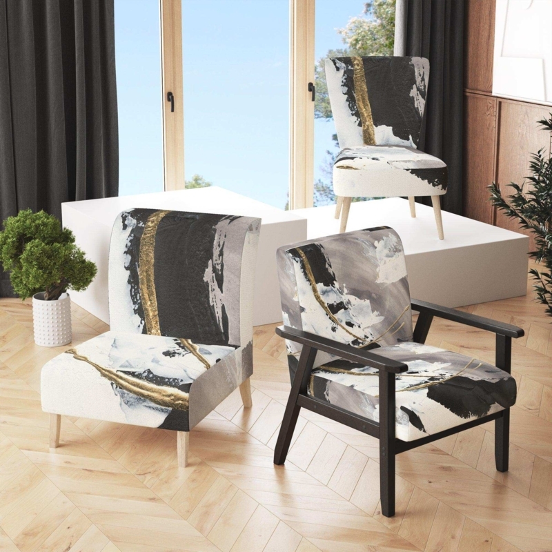 Accent Chair Black White Abstract Arc Upholstery Armless
