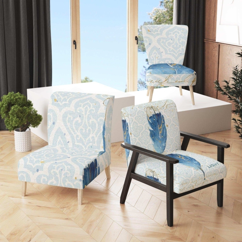 Accent Chair Blue and White Damask Feather Pattern Armless Farmhouse