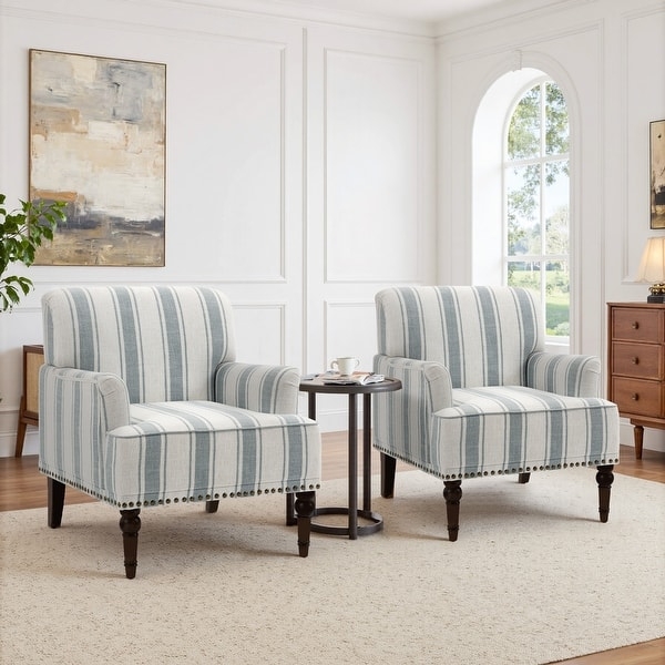 Accent Chair Blue and White Stripe Coastal Style Linen Texture