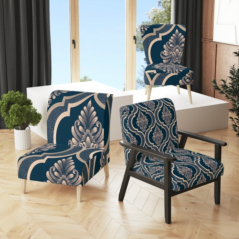 Accent Chair Blue Damask Wingback Silhouette with Natural Wood Legs