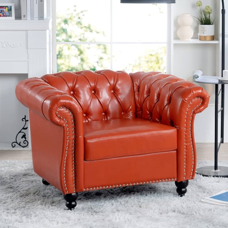 Accent Chair Bold Orange Chesterfield Silver Nailhead Accents Leather-Like