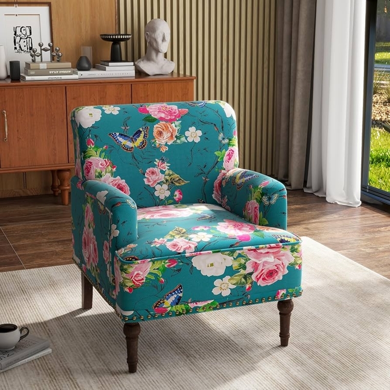 Accent Chair Botanical Floral Upholstery Nailhead Trim Living Room