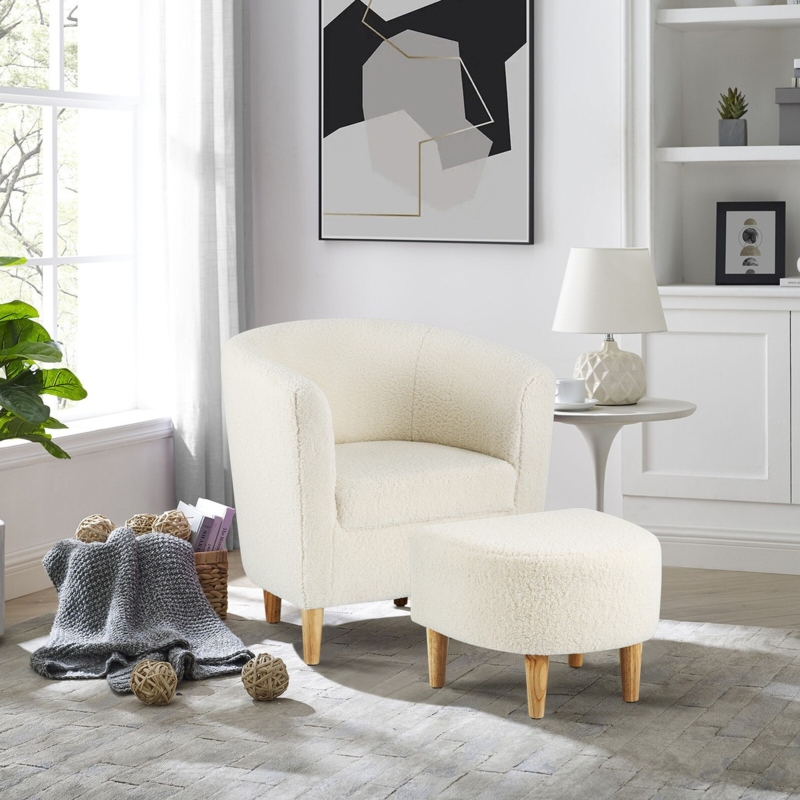 Accent Chair Boucle Barrel with Matching Footrest Set
