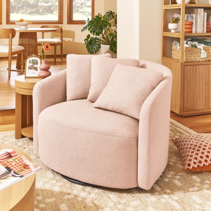 Accent Chair Boucle Swivel Chair with Barrel Silhouette Natural Base