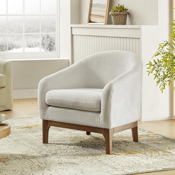 Accent Chair Boucle Texture Barrel Silhouette Wood Legs Cozy Nook Decor