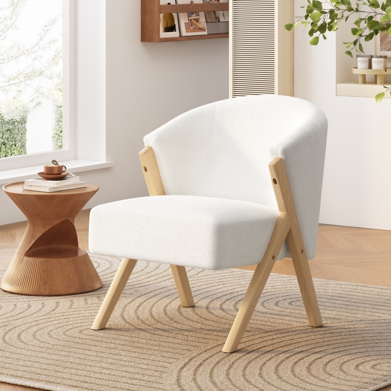 Accent Chair, Boucle Texture, Cream Upholstery, Sculptural Wood Frame