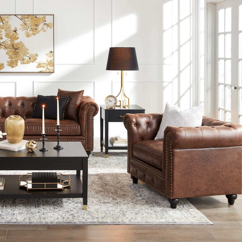 Accent Chair Brown Chesterfield Nailhead Trim Rolled Arms