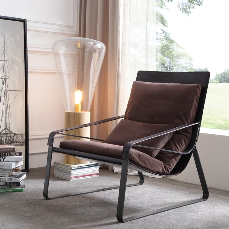 Accent Chair Brown Faux Leather Velvet Wraparound Metal Frame