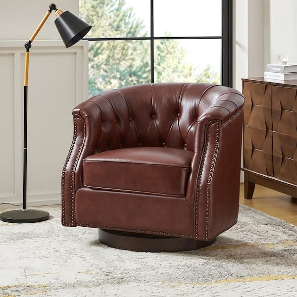 Accent Chair Brown Leather-Like Chesterfield Barrel Silhouette Tufted