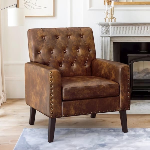 Accent Chair Brown Leather Like Rolled Arms Fireside Nook Seating